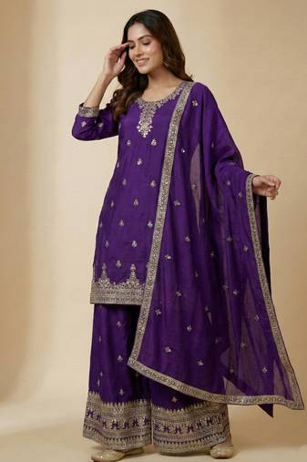 Purple designer faux silk readymade designer suit