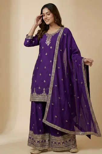 Purple designer faux silk readymade designer suit
