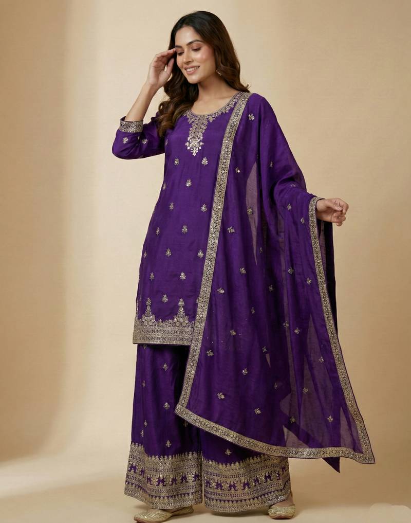 Purple designer faux silk readymade designer suit