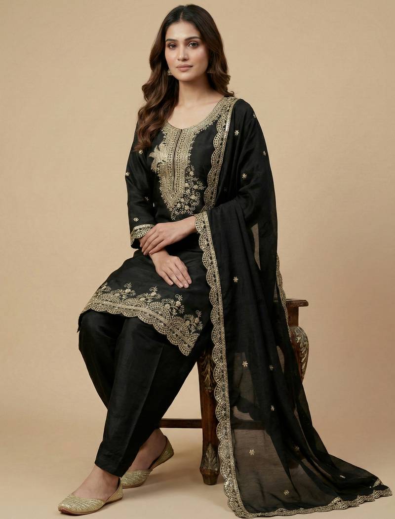 Black designer faux silk readymade designer suit