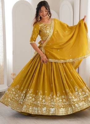 MUSTARD Heavy Shimmer Silk Lehenga Choli with Thread & Sequence Work and Matching Dupatta 1