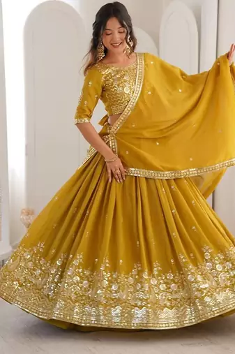 MUSTARD Heavy Shimmer Silk Lehenga Choli with Thread & Sequence Work and Matching Dupatta