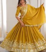 MUSTARD Heavy Shimmer Silk Lehenga Choli with Thread & Sequence Work and Matching Dupatta