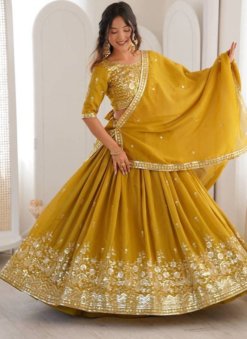 MUSTARD Heavy Shimmer Silk Lehenga Choli with Thread & Sequence Work and Matching Dupatta