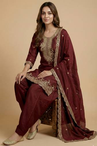 Maroon designer faux silk readymade designer suit