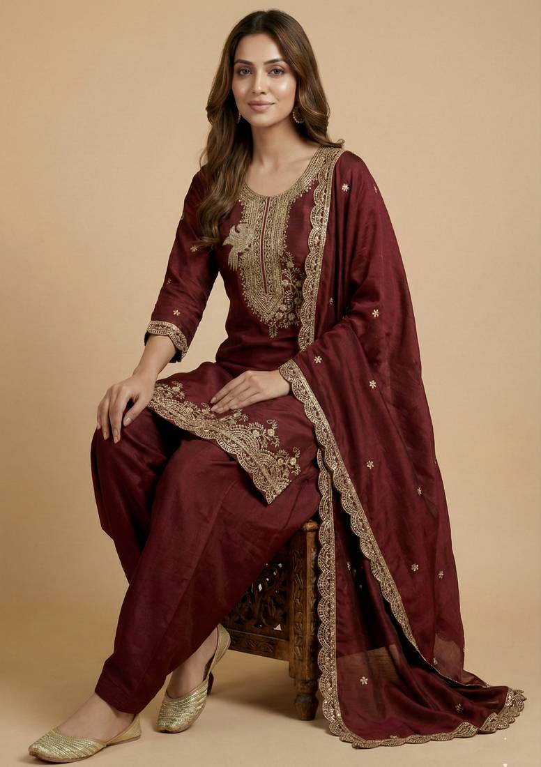 Maroon designer faux silk readymade designer suit