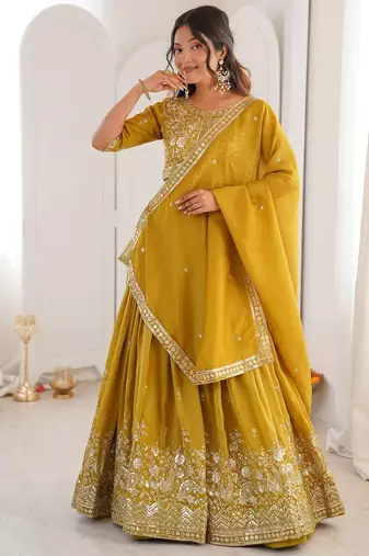 MUSTARD Heavy Shimmer Silk Lehenga Choli with Thread & Sequence Work and Matching Dupatta