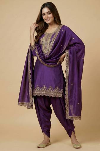 Purple designer faux silk readymade designer suit