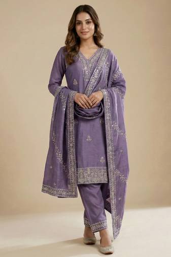 Purple designer faux silk readymade designer suit