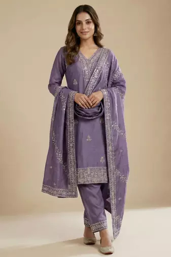 Purple designer faux silk readymade designer suit
