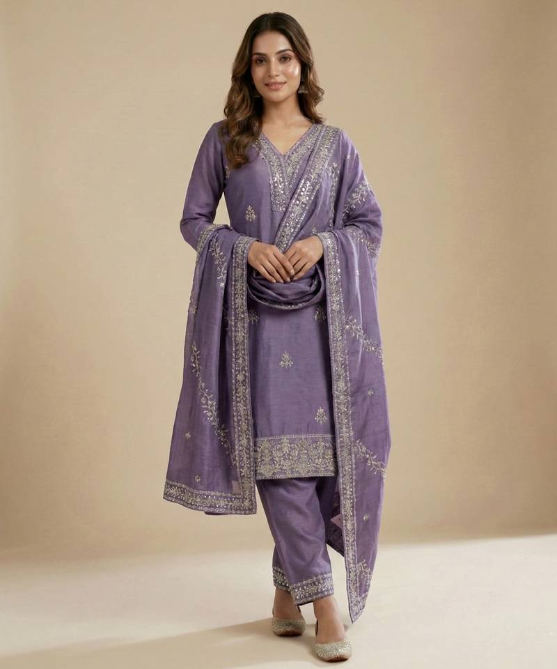 Purple designer faux silk readymade designer suit