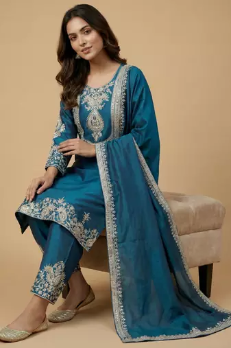 Teal designer faux silk readymade designer suit