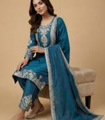 Teal designer faux silk readymade designer suit
