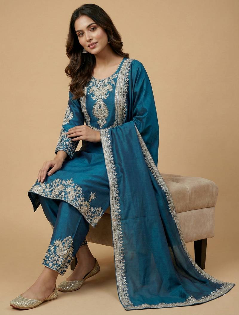 Teal designer faux silk readymade designer suit