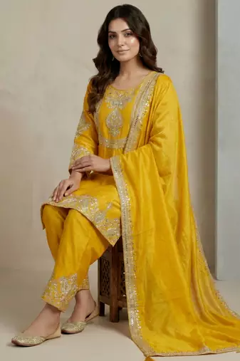 Yellow designer faux silk readymade designer suit