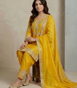 Yellow designer faux silk readymade designer suit