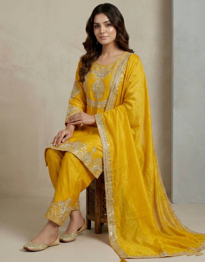 Yellow designer faux silk readymade designer suit