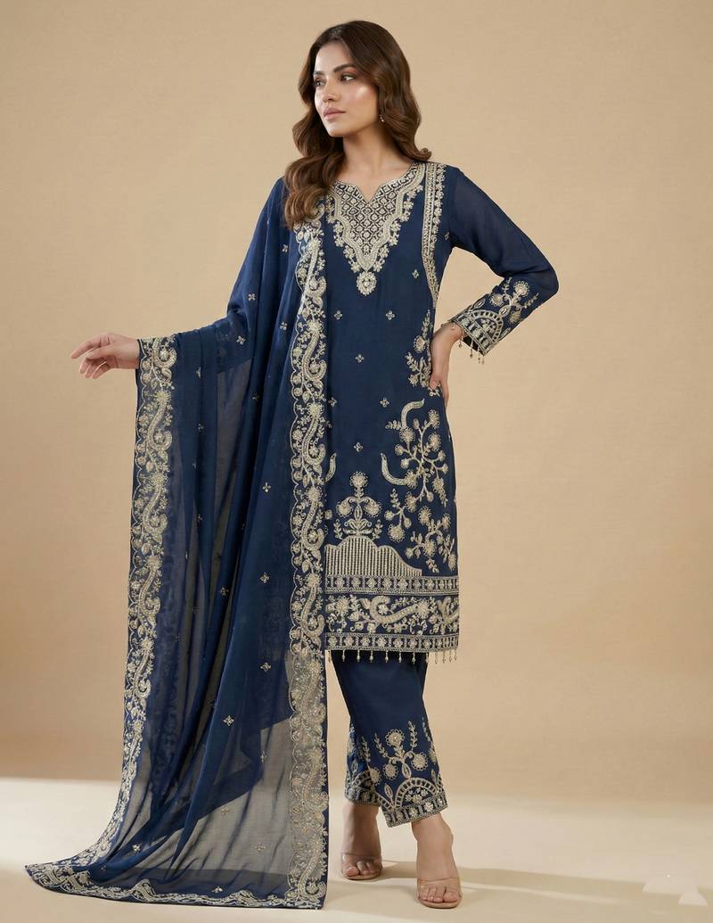 Blue designer faux georgette readymade designer suit