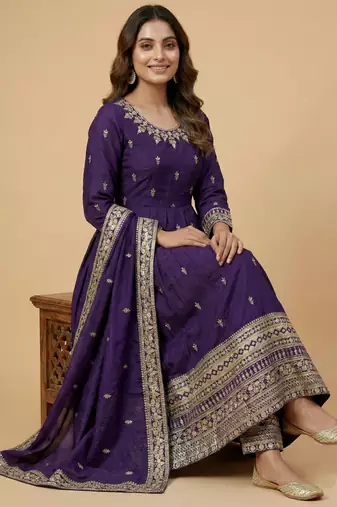 Purple designer faux silk readymade designer suit