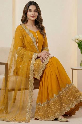 Mustard designer georgette readymade designer suit