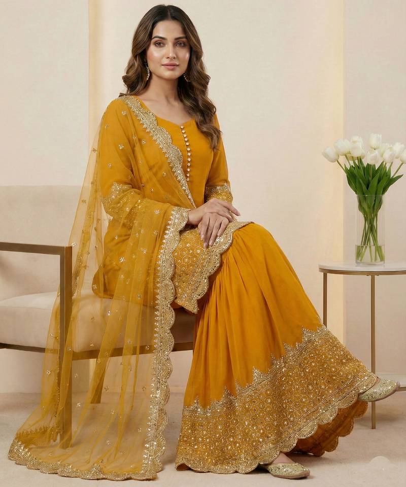 Mustard designer georgette readymade designer suit