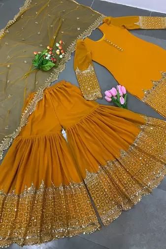 Mustard designer georgette readymade designer suit