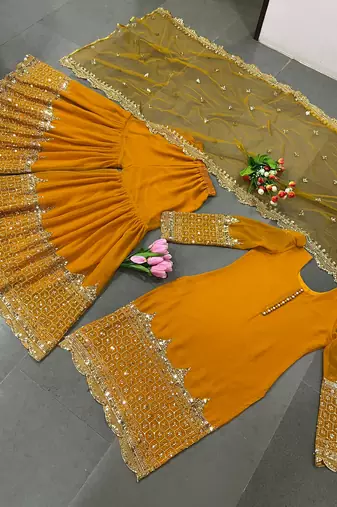 Mustard designer georgette readymade designer suit