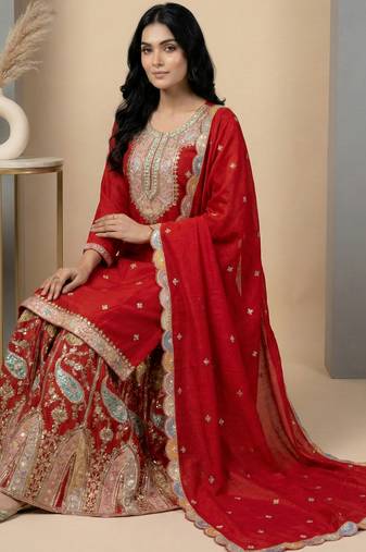 Red designer faux silk readymade designer suit