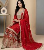 Red designer faux silk readymade designer suit