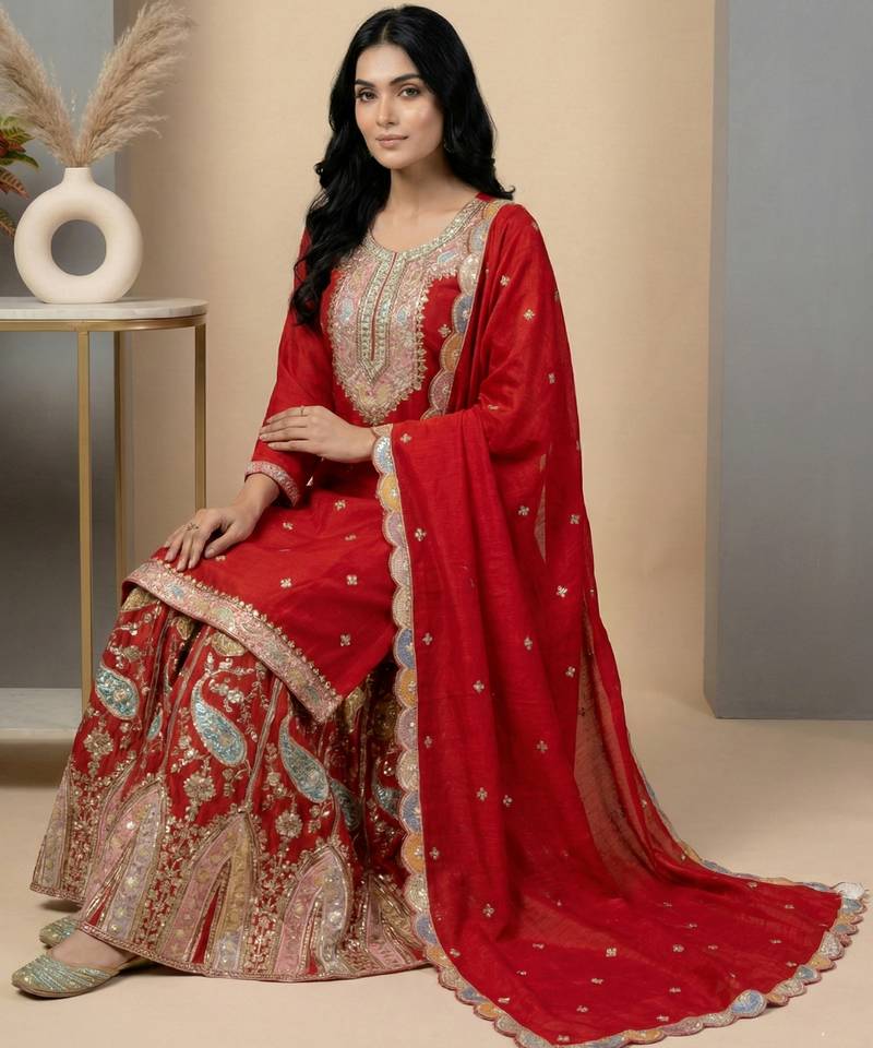 Red designer faux silk readymade designer suit