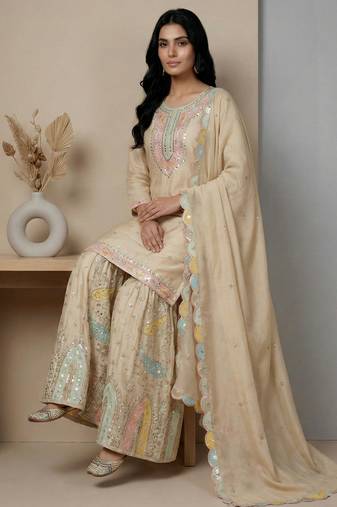 Cream designer faux silk readymade designer suit