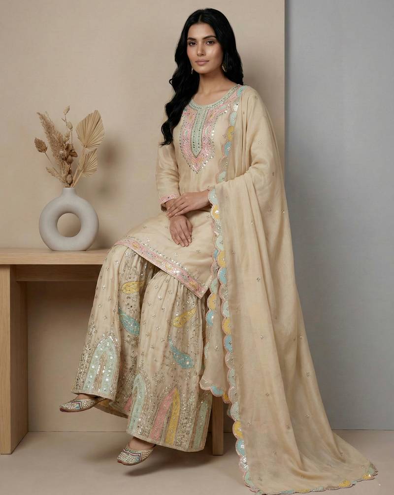 Cream designer faux silk readymade designer suit