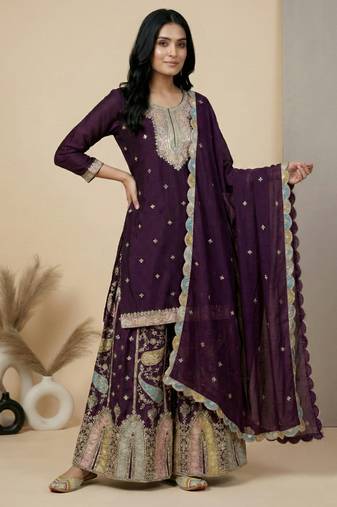 Maroon designer faux silk readymade designer suit