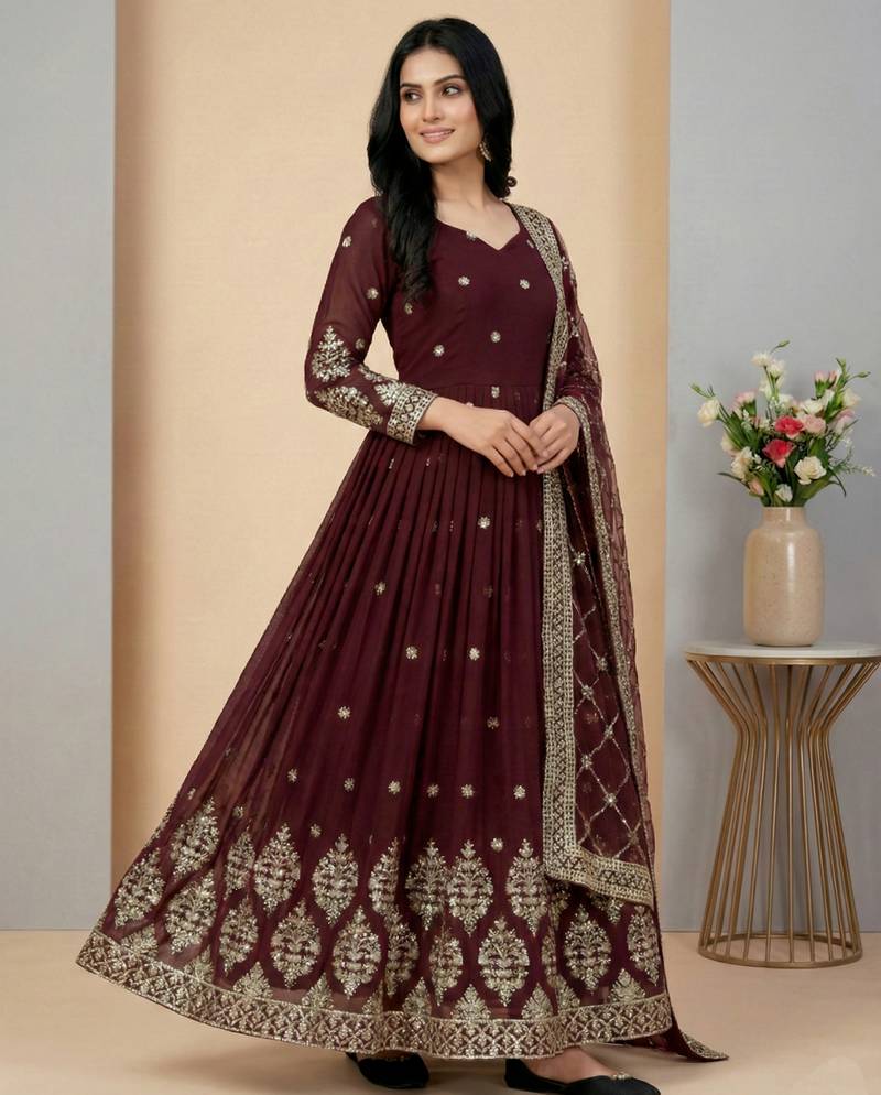 Maroon designer georgette readymade designer suit