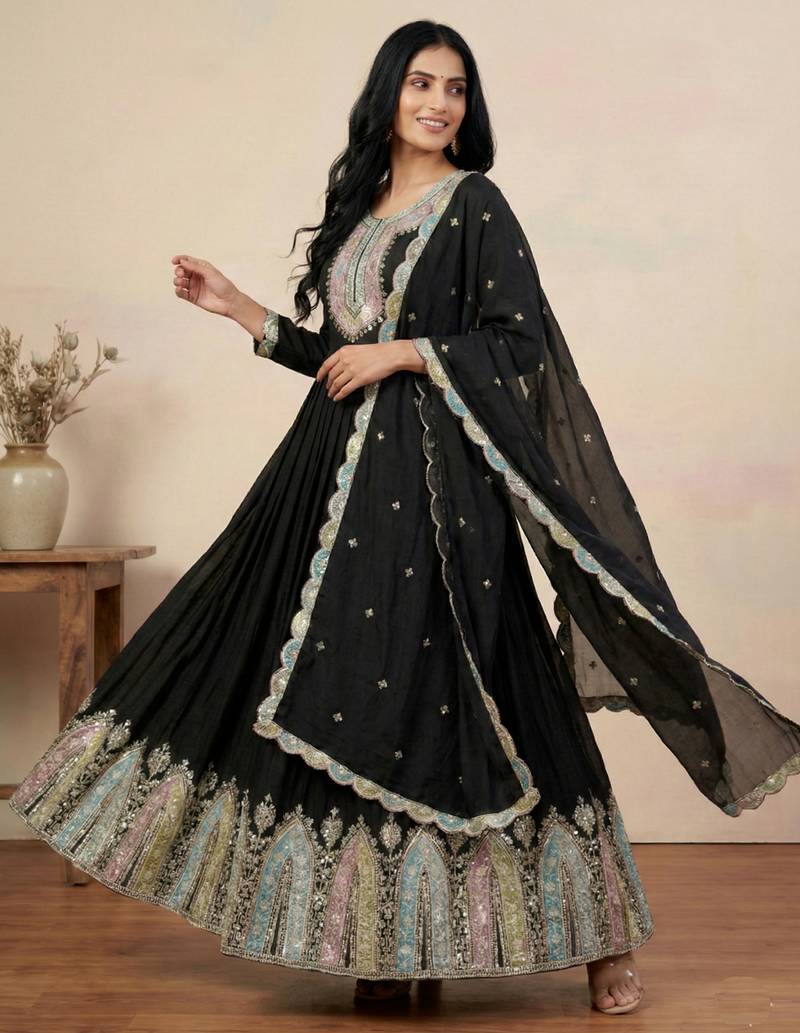 Black designer faux silk readymade designer suit