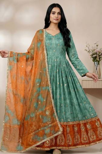 Sky-blue designer organza readymade designer suit