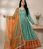 Sky-blue designer organza readymade designer suit