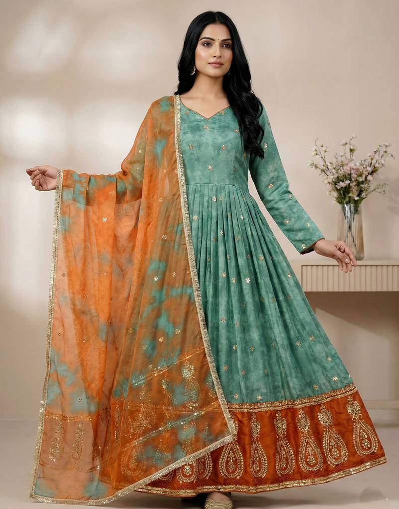 Sky-blue designer organza readymade designer suit