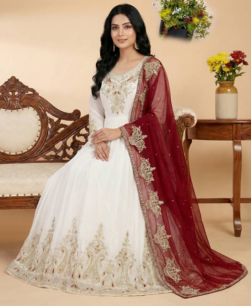 White designer georgette readymade designer suit