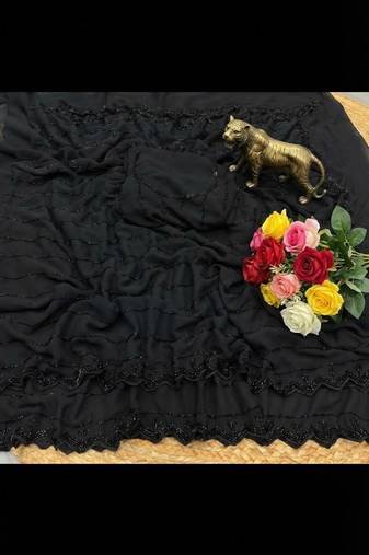 Black Color Beeds Work with Cut  Work Border Georgette Saree