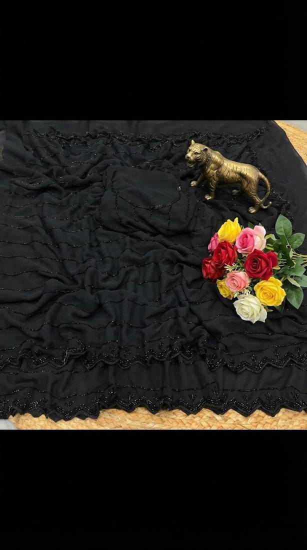 Black Color Beeds Work with Cut  Work Border Georgette Saree