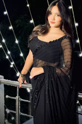 Black Color Beeds Work with Cut  Work Border Georgette Saree