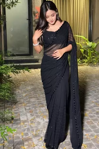 Black Color Beeds Work with Cut  Work Border Georgette Saree