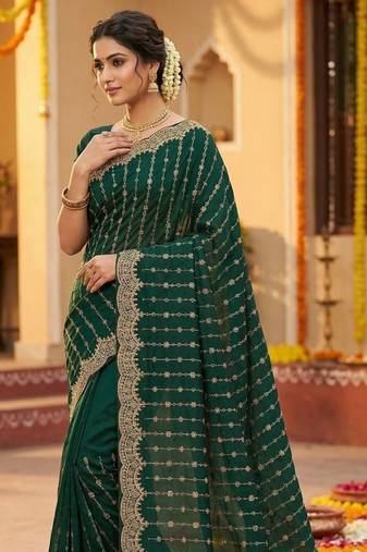Emerald Color Zari Work And Stone Work  Vichitra silk Saree