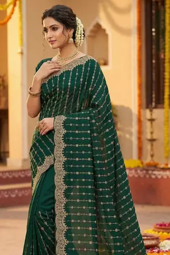 Emerald Color Zari Work And Stone Work  Vichitra silk Saree