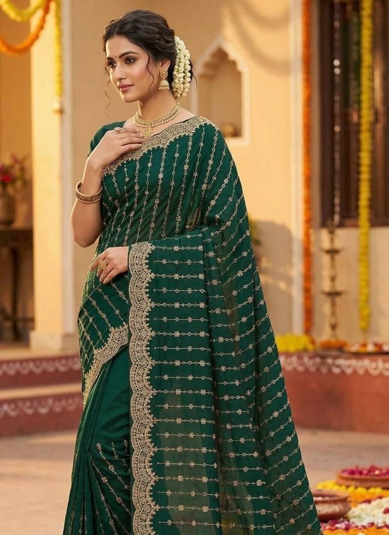 Emerald Color Zari Work And Stone Work  Vichitra silk Saree