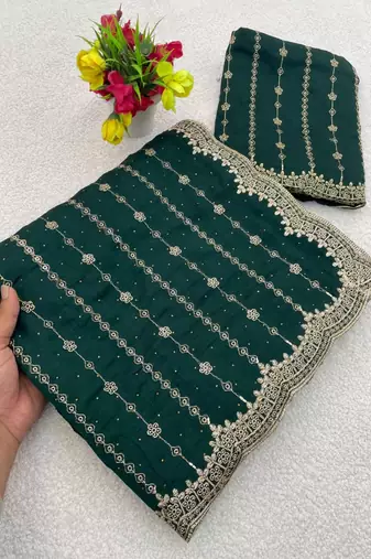 Emerald Color Zari Work And Stone Work  Vichitra art silk saree