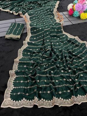 Emerald Color Zari Work And Stone Work  Vichitra art silk saree 3