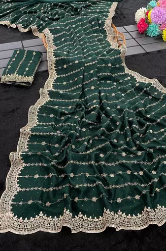 Emerald Color Zari Work And Stone Work  Vichitra art silk saree
