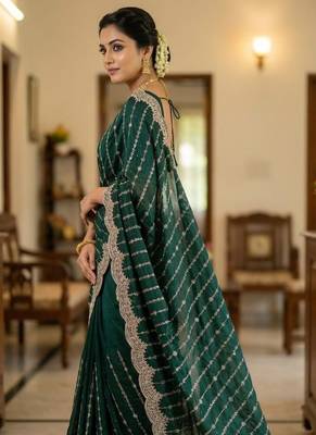 Emerald Color Zari Work And Stone Work  Vichitra art silk saree 4